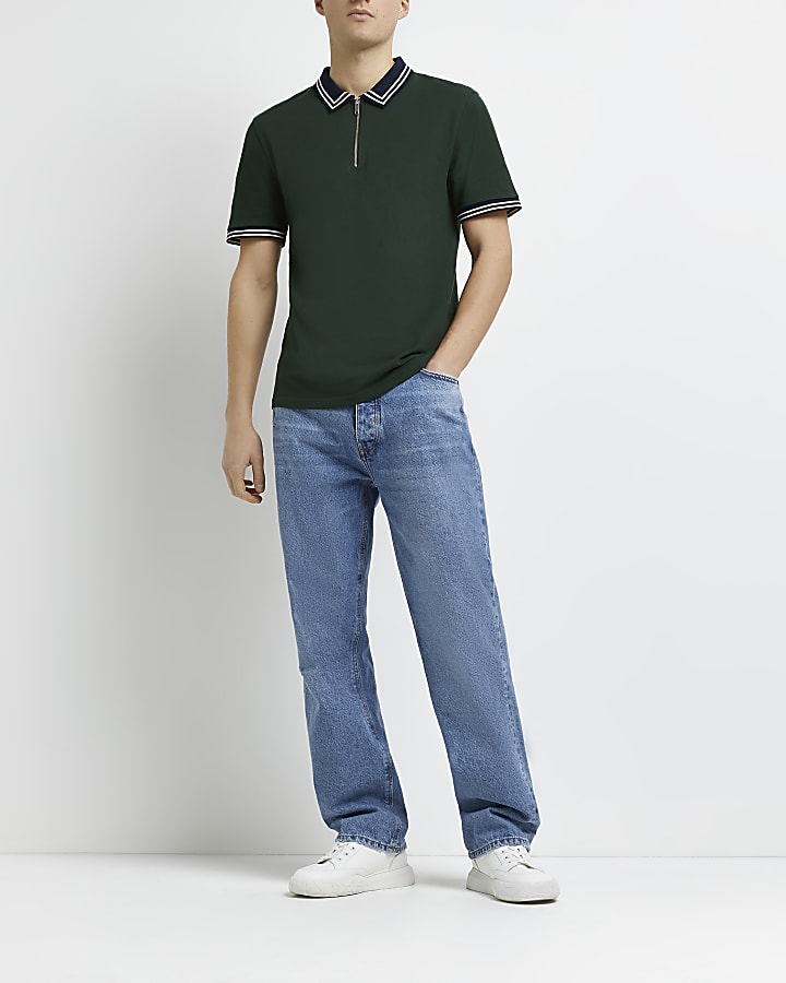 Green slim fit tipped pique polo shirt