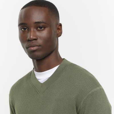 Green slim fit V neck jumper River Island