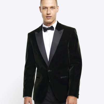 Green slim fit velvet tuxedo jacket | River Island