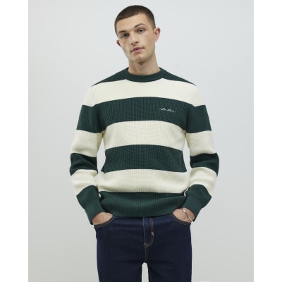 Green Slim Fit Waffle Knit Stripe Jumper