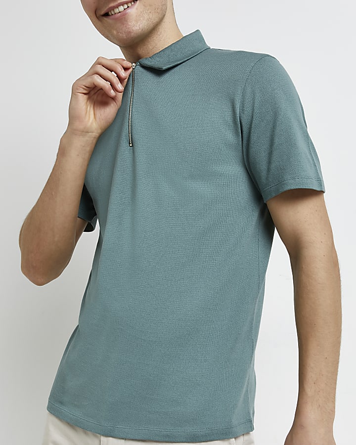 Green slim fit zip neck knitted polo shirt