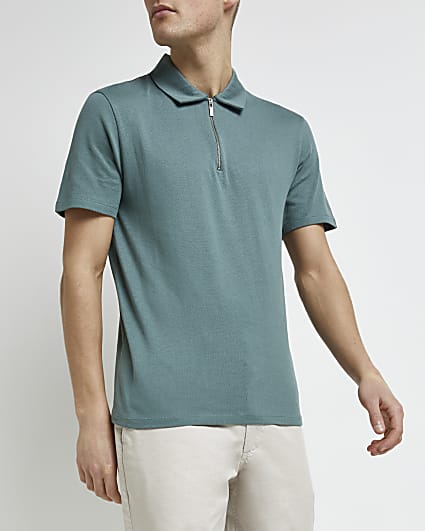 Green slim fit zip neck knitted polo shirt