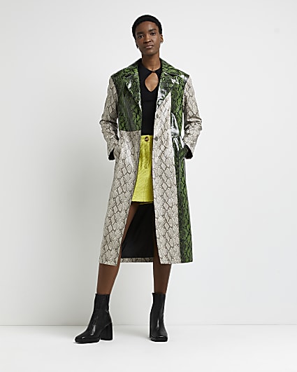 Green snake print faux leather coat