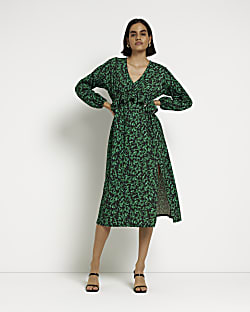 Green spot frill long sleeve midi dress