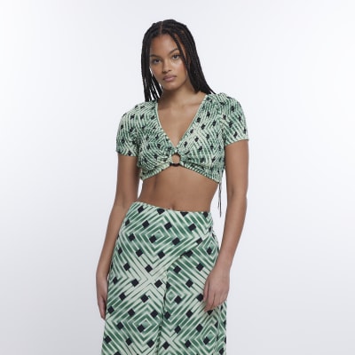 Green spot shirred cropped top
