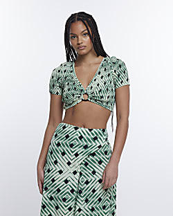 Green spot shirred cropped top