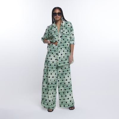 Green spot wrap wide leg trousers