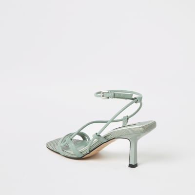 Green square toe midi heel sandals