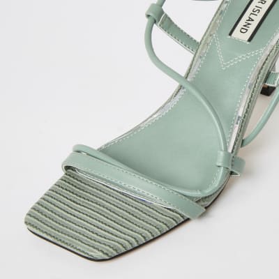 Green square toe midi heel sandals