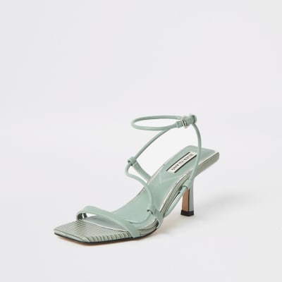 Green square toe midi heel sandals