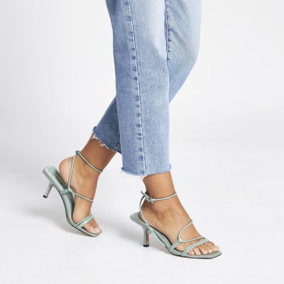 Green square toe midi heel sandals