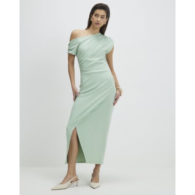 Green Stretch Drape Midi Dress