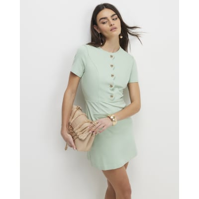 Green Stretch Scallop Trim Mini Dress