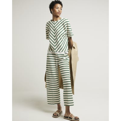 Green stripe crop wide leg trousers River Island