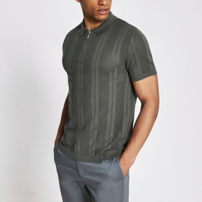 Green stripe half zip slim fit knit polo top River Island