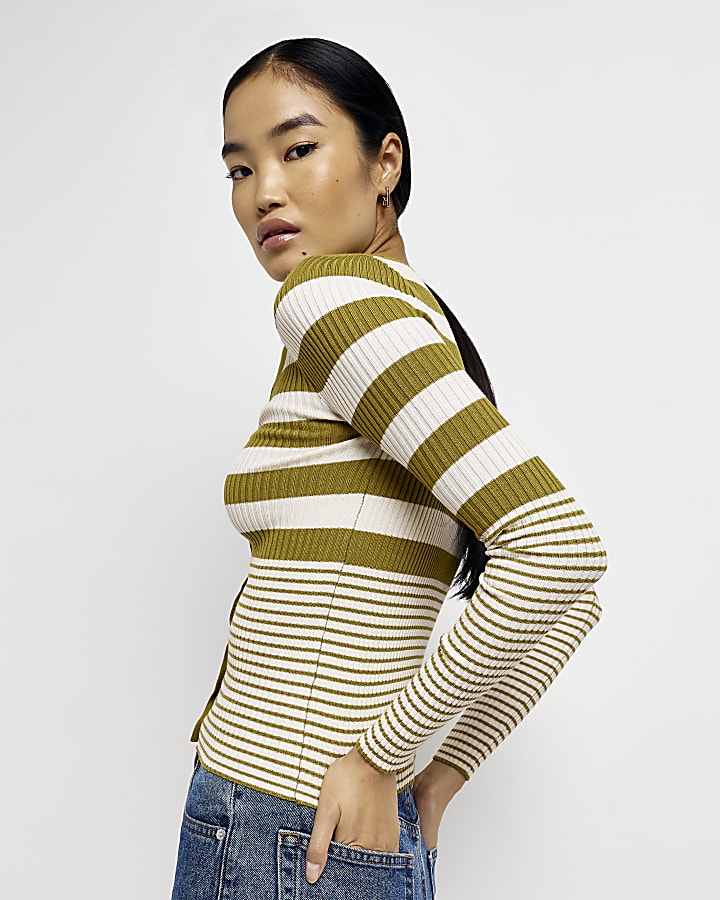 Green stripe knit long sleeve top