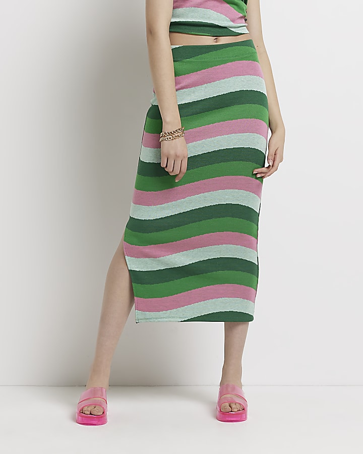 Green stripe midi skirt