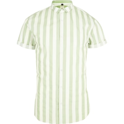 Green stripe short sleeve slim fit shirt