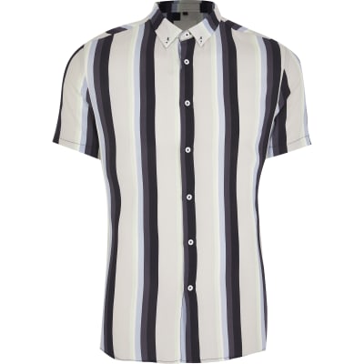 Green stripe slim fit short sleeve shirt | River Island