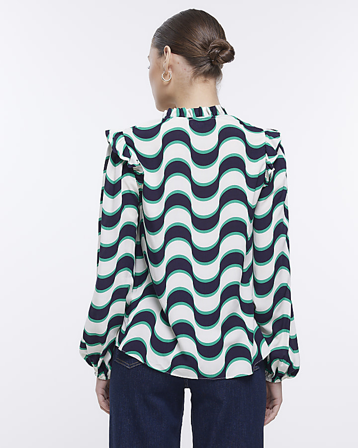 Green striped frill long sleeve blouse