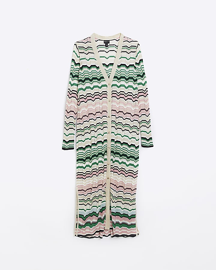Green striped longline knitted cardigan