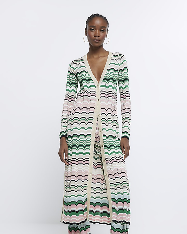 Green striped longline knitted cardigan