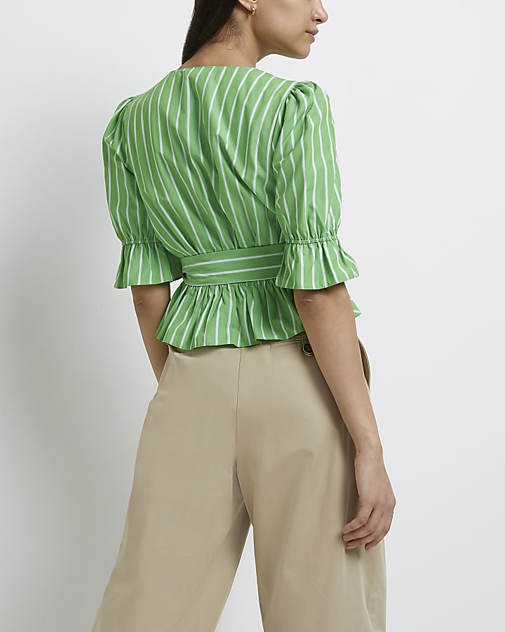 Green striped tie waist peplum top