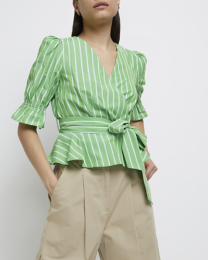 Green striped tie waist peplum top