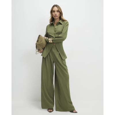 Green Striped Wide Leg Trousers