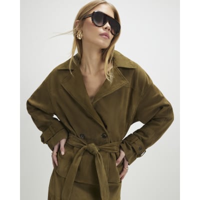 Green Suede Cropped Trench Coat