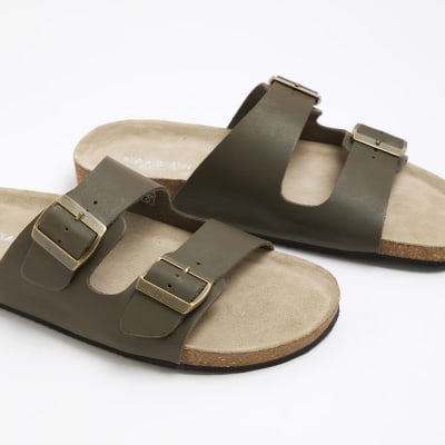 Green suede double strap sandals River Island