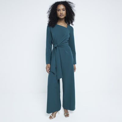 Green Tailored Wrap Front Jumpsuit