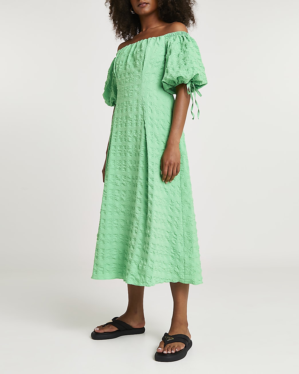 Green textured bardot midi dress