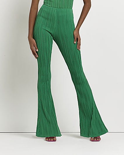 Green textured flared trousers