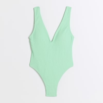 Green textured plunge swimsuit River Island