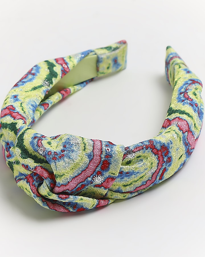 Green tie dye print knot headband