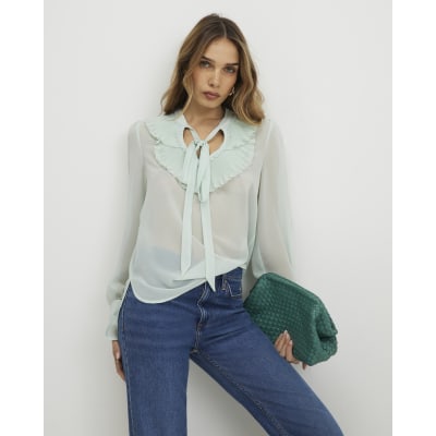 Green Tie Neck Long Sleeve Blouse