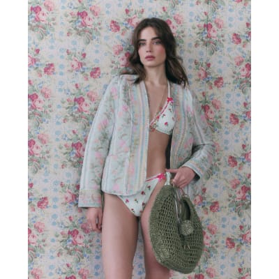 Green Tie Side Floral Lace Trim Bikini Brief