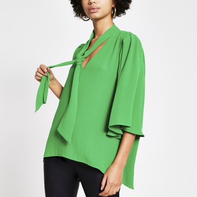 Green tie V neck choker blouse River Island