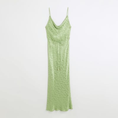 Green tie waist cowl neck slip midi dress