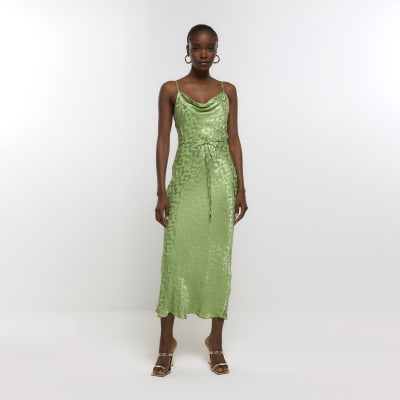 Green tie waist cowl neck slip midi dress River Island