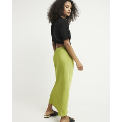 Green tie waist satin maxi skirt River Island