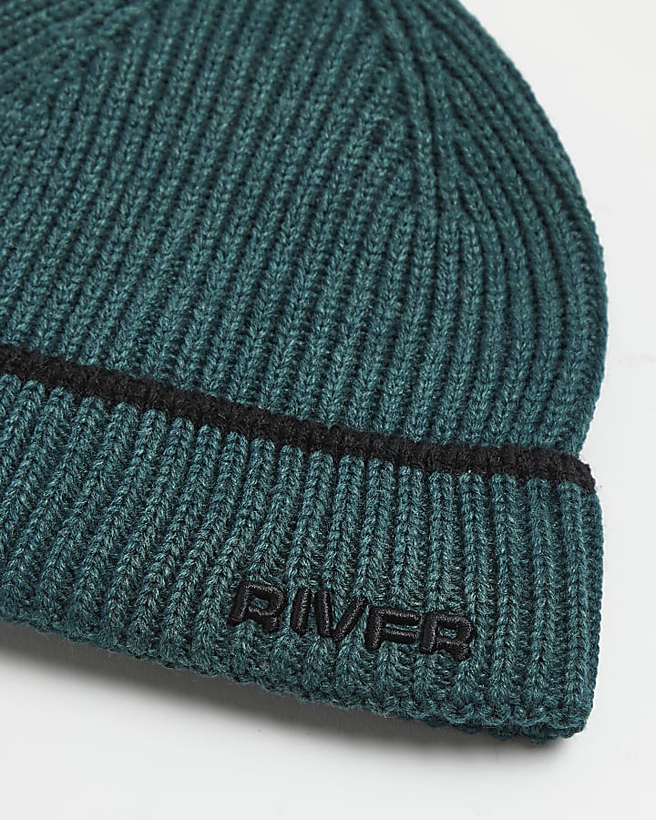 Green tipped River ribbed beanie hat