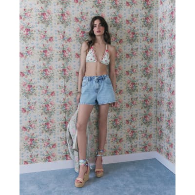 Green Triangle Floral Lace Trim Bikini Top