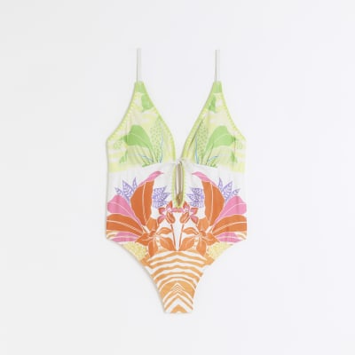 Green tropical print plunge swimsuit | River Island