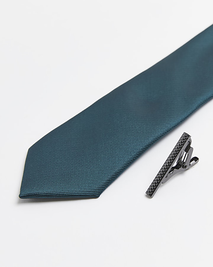 Green twill tie and clip