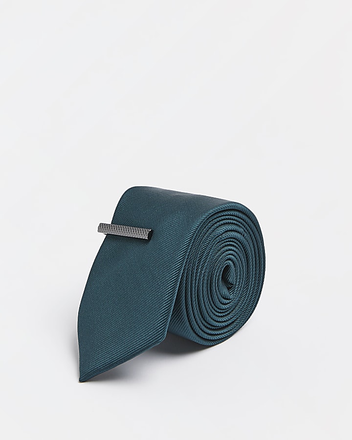 Green twill tie and clip