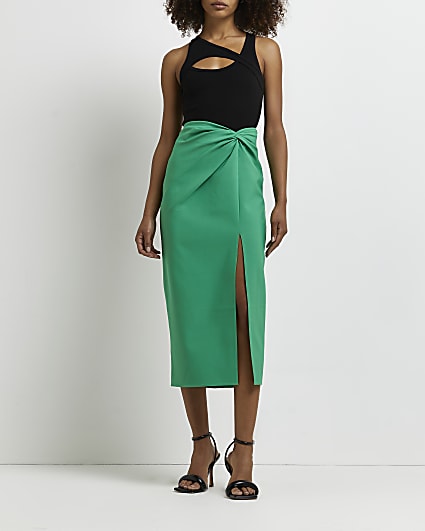 Green twist front midi skirt