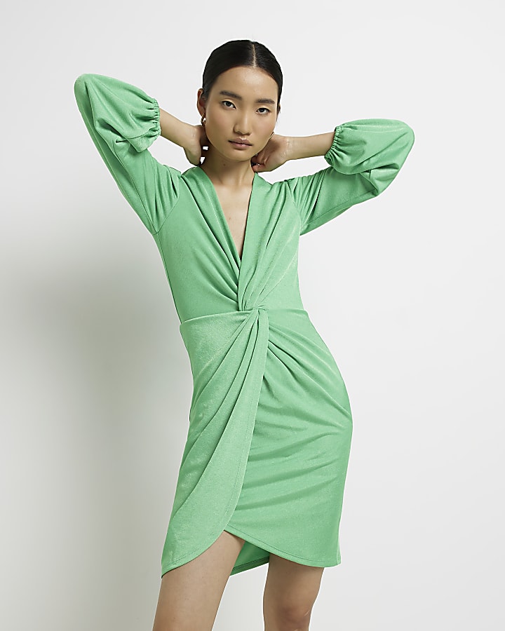 Green twist wrap mini dress