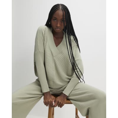 Green V Neck Ribbed Jumper